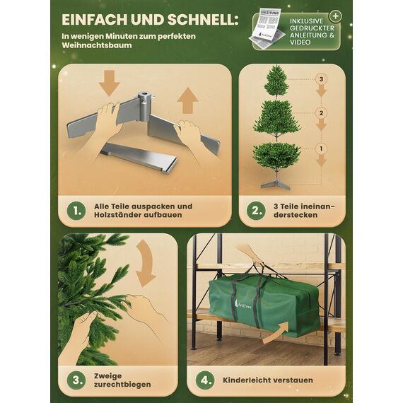 ArtiTree Künstlicher Weihnachtsbaum 180 cm – 100 % Spritzguss Nordfichte | Premium Tannenbaum naturgetreu inkl. FSC-Holzständer & Aufbewahrungstasche