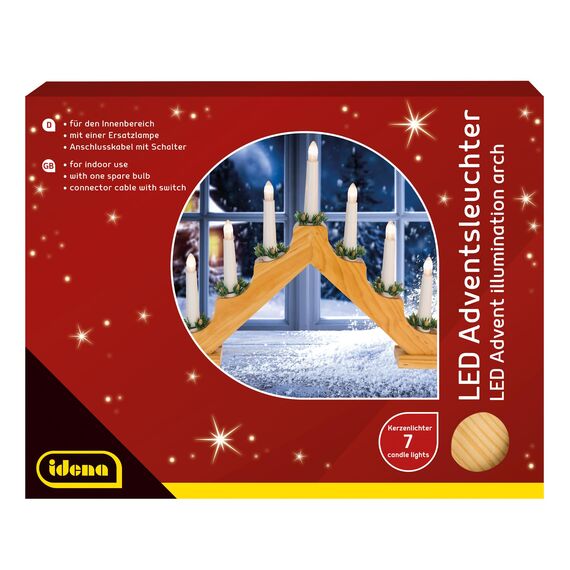 Idena 8582088 - LED Adventsleuchter mit 7 LED Kerzenlichtern in Warmweiß, Schwibbogen aus naturfarbenem Holz, mit Ersatzlampe und Schalter, Deko für Innen, als Winter-, Advents- und Weihnachtsdeko
