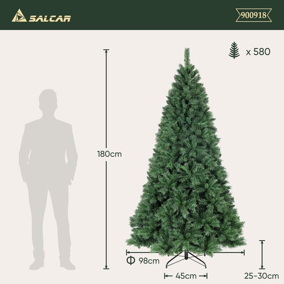 SALCAR 180 cm Künstlicher Weihnachtsbaum, Nordmanntanne, PVC Tannenbaum mit 580 grünen Spitzen, Klapp-Schirmsystem, Ø 98 cm