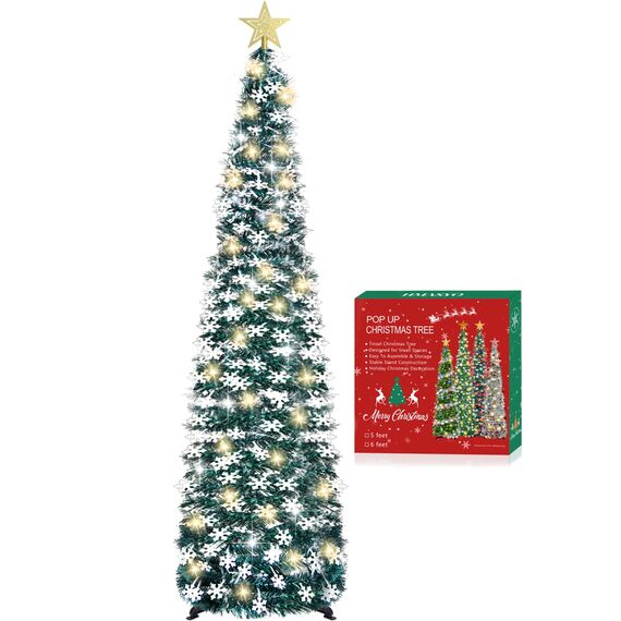 HMASYO 150 cm Pop-Up Lametta Weihnachtsbaum mit 50 Timer-Lichtern, Pfauengrün Zusammenklappbarer Künstlich Schlanken Weihnachtsbaum für den Innenbereich, Zuhause Wohnung Kamin mit Festdekoration
