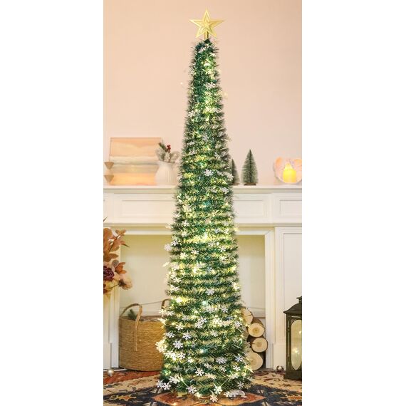 HMASYO 150 cm Pop-Up Lametta Weihnachtsbaum mit 50 Timer-Lichtern, Pfauengrün Zusammenklappbarer Künstlich Schlanken Weihnachtsbaum für den Innenbereich, Zuhause Wohnung Kamin mit Festdekoration