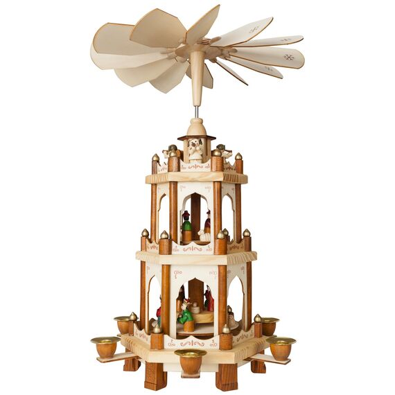 BRUBAKER Weihnachtspyramide Holzpyramide - Natur - 3 Etagen - 45 cm Höhe - handbemalte Figuren