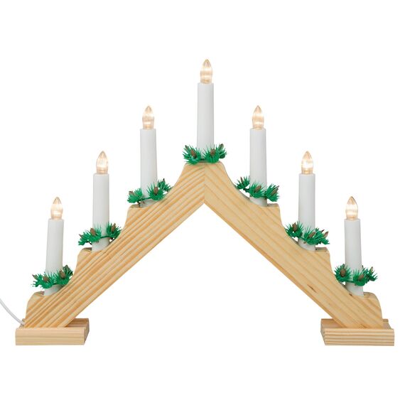 Idena 8582088 - LED Adventsleuchter mit 7 LED Kerzenlichtern in Warmweiß, Schwibbogen aus naturfarbenem Holz, mit Ersatzlampe und Schalter, Deko für Innen, als Winter-, Advents- und Weihnachtsdeko