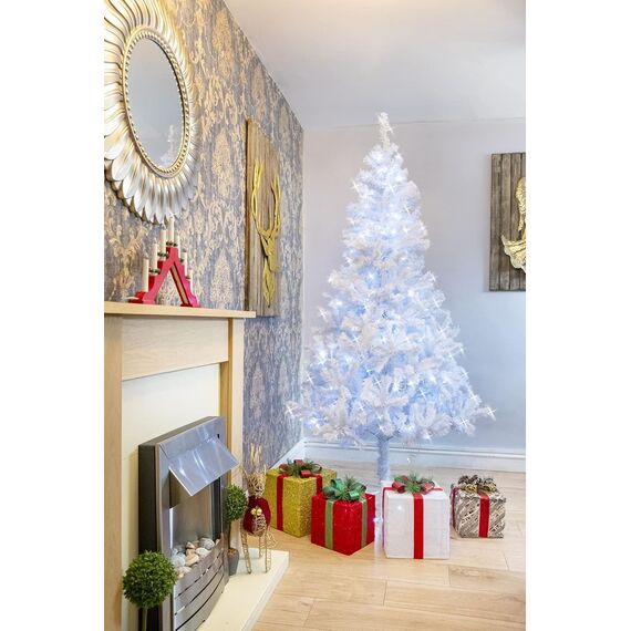 SHATCHI Künstlicher Weihnachtsbaum, weiße Alaska-Kieferspitzen, für Weihnachten, Zuhause, Weihnachtsdekoration, Metallständer, kühles Alaska-Weiß, 4 ft/120 cm