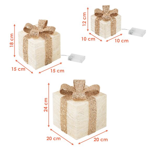 LED Geschenkboxen mit Timer 3er Set - Creme - Weihnachts Dekoboxen warm weiß beleuchtet - Weihnachten Advent Winter Christbaum Deko Beleuchtung Batterie betrieben