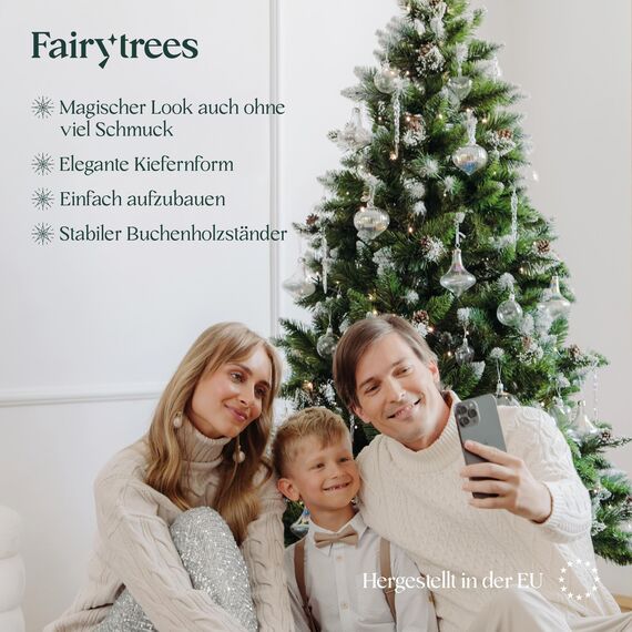 FairyTrees Weihnachtsbaum künstlich 180cm Kiefer mit Christbaum Holzständer | Tannenbaum künstlich mit Natur-Weiss beschneit | Made in EU