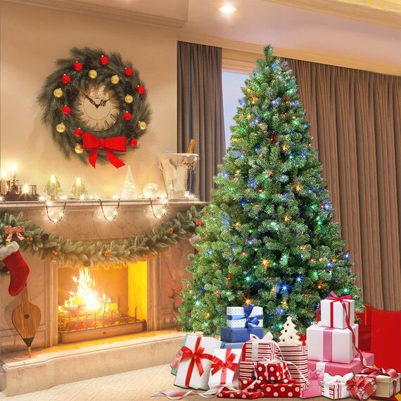 SHareconn 180cm Weihnachtsbaum künstlich Scharnier Weihnachtsbaum mit Beleuchtung 330 Warmweißen und Mehrfarbigen Lichtern，8 Transformationsmodi，1018 Zweigspitzen und Faltbarem Metallständer