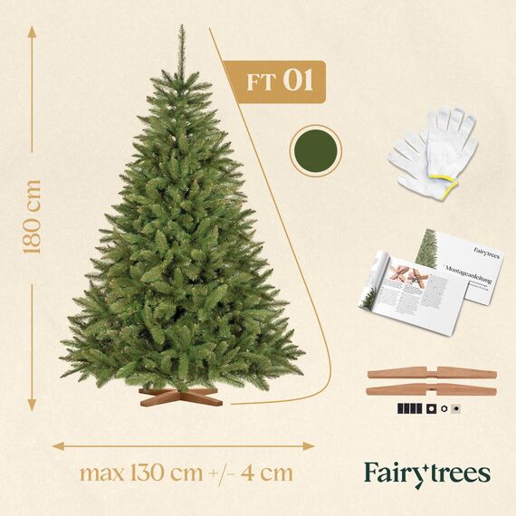 FairyTrees Weihnachtsbaum künstlich 180cm FICHTE Natur mit Christbaum Holzständer | Tannenbaum künstlich mit grünem Stamm | Made in EU