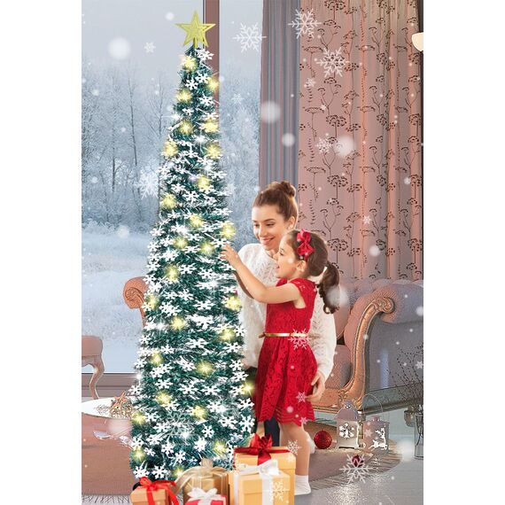 HMASYO 150 cm Pop-Up Lametta Weihnachtsbaum mit 50 Timer-Lichtern, Pfauengrün Zusammenklappbarer Künstlich Schlanken Weihnachtsbaum für den Innenbereich, Zuhause Wohnung Kamin mit Festdekoration