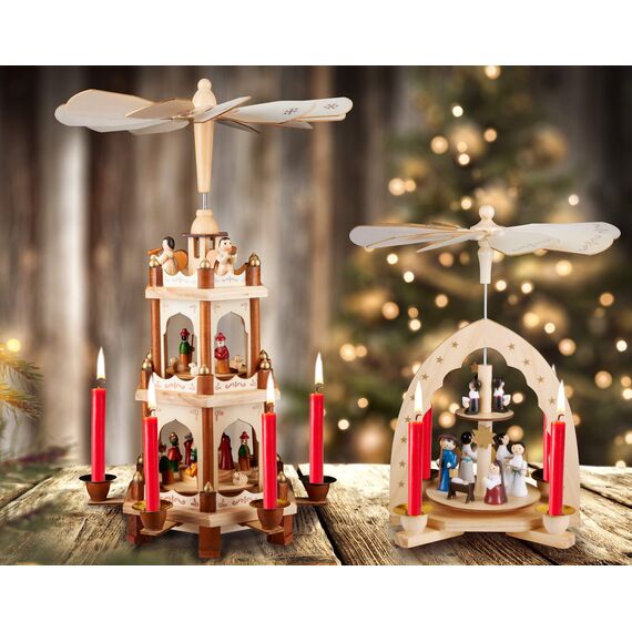 BRUBAKER Weihnachtspyramide Holzpyramide - Natur - 3 Etagen - 45 cm Höhe - handbemalte Figuren