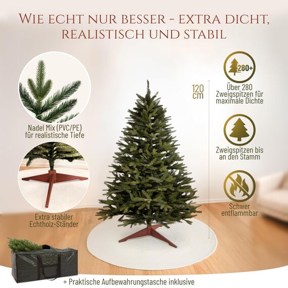 Premium Weihnachtsbaum künstlich 120cm - TESTSIEGER 10 Jahre GARANTIE - Naturgetreu, dichte Zweige, Künstlicher Weihnachtsbaum mit Holzständer, Christmas Tree Tannenbaum künstlich 120 cm Pure Living