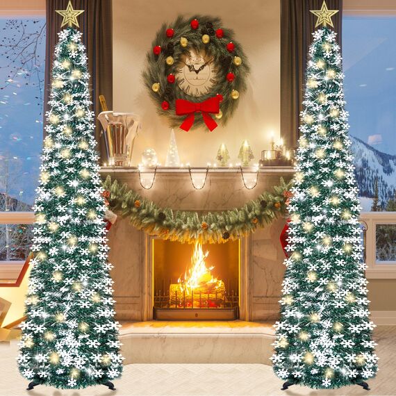 HMASYO 150 cm Pop-Up Lametta Weihnachtsbaum mit 50 Timer-Lichtern, Pfauengrün Zusammenklappbarer Künstlich Schlanken Weihnachtsbaum für den Innenbereich, Zuhause Wohnung Kamin mit Festdekoration