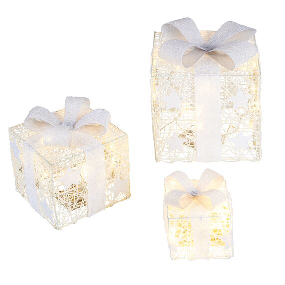 LED Geschenkboxen mit Timer 3er Set - WEIß - Weihnachts Dekoboxen warm weiß beleuchtet - Weihnachten Advent Winter Christbaum Deko Beleuchtung Batterie betrieben