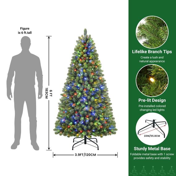 SHareconn 180cm Weihnachtsbaum künstlich Scharnier Weihnachtsbaum mit Beleuchtung 330 Warmweißen und Mehrfarbigen Lichtern，8 Transformationsmodi，1018 Zweigspitzen und Faltbarem Metallständer