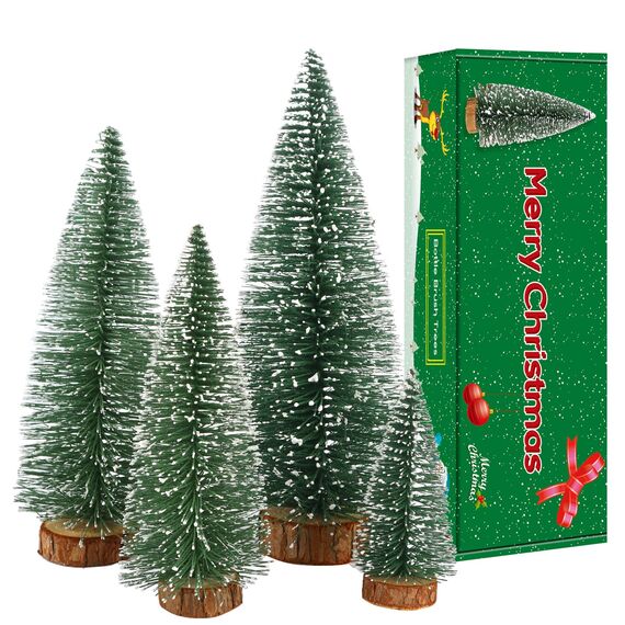 Mini Weihnachts Baum, 4 stück Miniatur Künstlicher Weihnachtsbaum, Sisal-Schnee Frostbäume mit Holzbasen für Tischdeko, DIY, Schaufenster, Figuren 10/15/20/25 cm (Grün)