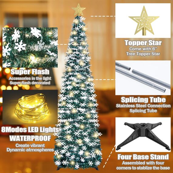 HMASYO 150 cm Pop-Up Lametta Weihnachtsbaum mit 50 Timer-Lichtern, Pfauengrün Zusammenklappbarer Künstlich Schlanken Weihnachtsbaum für den Innenbereich, Zuhause Wohnung Kamin mit Festdekoration