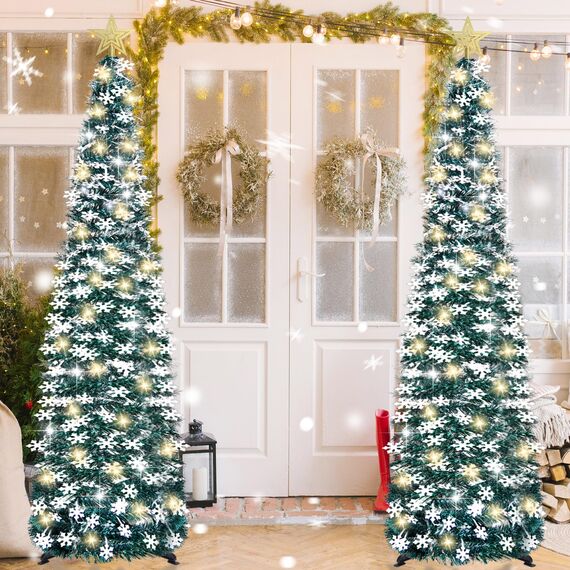 HMASYO 150 cm Pop-Up Lametta Weihnachtsbaum mit 50 Timer-Lichtern, Pfauengrün Zusammenklappbarer Künstlich Schlanken Weihnachtsbaum für den Innenbereich, Zuhause Wohnung Kamin mit Festdekoration