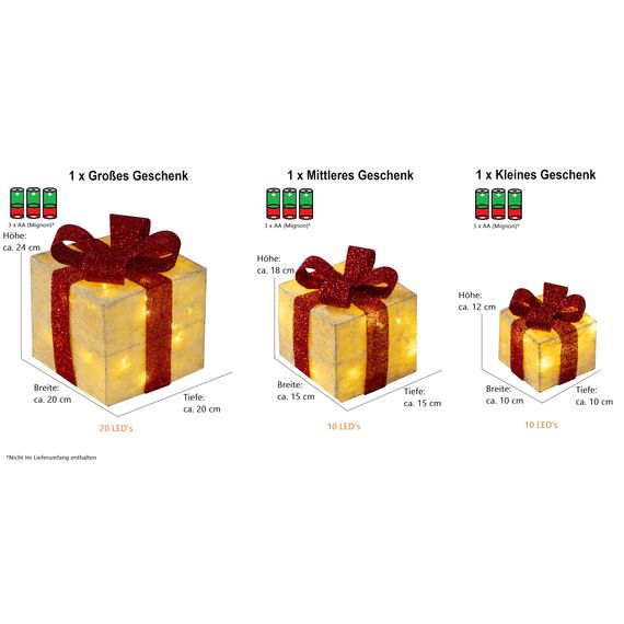 Bambelaa! 3er Led Deko Geschenke Leucht Boxen Timer Weihnachts Dekoration Weihnachtsdeko Beleuchtet Deko Weihnachten (Gelb)