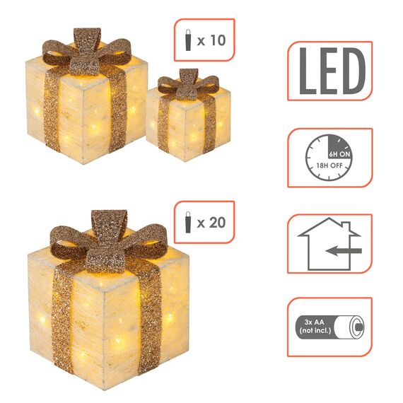 LED Geschenkboxen mit Timer 3er Set - Creme - Weihnachts Dekoboxen warm weiß beleuchtet - Weihnachten Advent Winter Christbaum Deko Beleuchtung Batterie betrieben