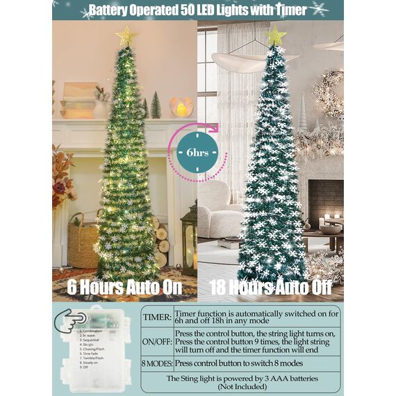HMASYO 150 cm Pop-Up Lametta Weihnachtsbaum mit 50 Timer-Lichtern, Pfauengrün Zusammenklappbarer Künstlich Schlanken Weihnachtsbaum für den Innenbereich, Zuhause Wohnung Kamin mit Festdekoration