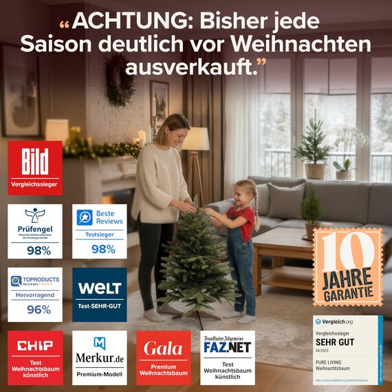 Premium Weihnachtsbaum künstlich 90cm - TESTSIEGER 10 Jahre GARANTIE - Naturgetreu, dichte Zweige, Künstlicher Weihnachtsbaum mit Holzständer, Christmas Tree Tannenbaum künstlich 90 cm Pure Living