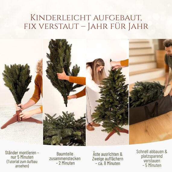 Premium Weihnachtsbaum künstlich 150cm - TESTSIEGER 10 Jahre GARANTIE - Naturgetreu, dichte Zweige, Künstlicher Weihnachtsbaum mit Holzständer, Christmas Tree Tannenbaum künstlich 150 cm Pure Living