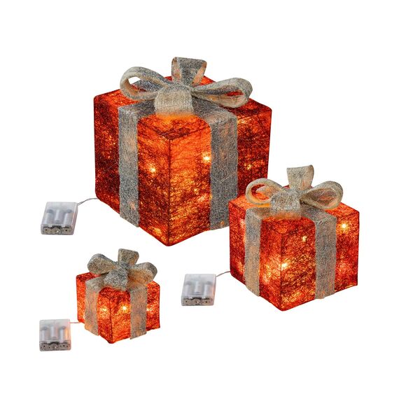 LED Geschenkboxen mit Timer 3er Set - ROT/GRAU - Weihnachts Dekoboxen warm weiß beleuchtet - Weihnachten Advent Winter Christbaum Deko Beleuchtung Batterie betrieben