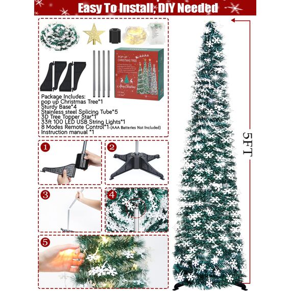 HMASYO 150 cm Pop-Up Lametta Weihnachtsbaum mit 50 Timer-Lichtern, Pfauengrün Zusammenklappbarer Künstlich Schlanken Weihnachtsbaum für den Innenbereich, Zuhause Wohnung Kamin mit Festdekoration