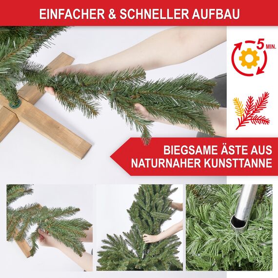Wolkenland Künstlicher Weihnachtsbaum 180cm, in Premium Qualität - Mit Aufbewahrungstasche und Holzständer – Naturgetreu und mit dicht bestückten Zweigen – Künstliche Weihnachtsbäume