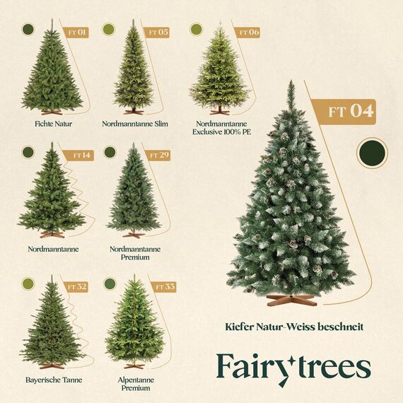 FairyTrees Weihnachtsbaum künstlich 180cm Kiefer mit Christbaum Holzständer | Tannenbaum künstlich mit Natur-Weiss beschneit | Made in EU