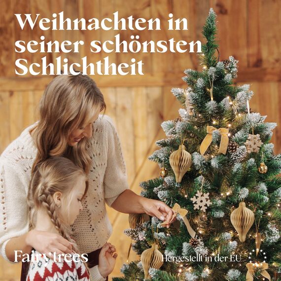 FairyTrees Weihnachtsbaum künstlich 180cm Kiefer mit Christbaum Holzständer | Tannenbaum künstlich mit Natur-Weiss beschneit | Made in EU