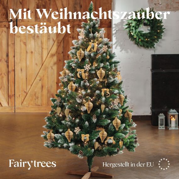 FairyTrees Weihnachtsbaum künstlich 180cm Kiefer mit Christbaum Holzständer | Tannenbaum künstlich mit Natur-Weiss beschneit | Made in EU