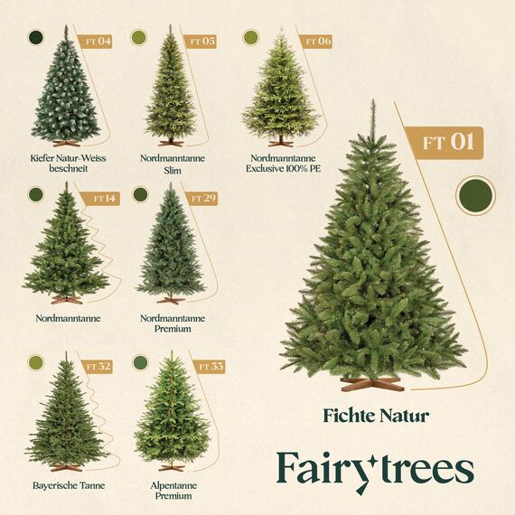 FairyTrees Weihnachtsbaum künstlich 180cm FICHTE Natur mit Christbaum Holzständer | Tannenbaum künstlich mit grünem Stamm | Made in EU
