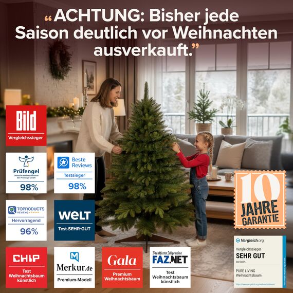 Premium Weihnachtsbaum künstlich 150cm - TESTSIEGER 10 Jahre GARANTIE - Naturgetreu, dichte Zweige, Künstlicher Weihnachtsbaum mit Holzständer, Christmas Tree Tannenbaum künstlich 150 cm Pure Living