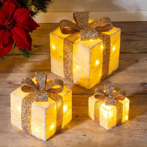 LED Geschenkboxen mit Timer 3er Set - Creme - Weihnachts Dekoboxen warm weiß beleuchtet - Weihnachten Advent Winter Christbaum Deko Beleuchtung Batterie betrieben