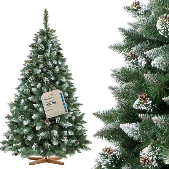 FairyTrees Weihnachtsbaum künstlich 180cm Kiefer mit Christbaum Holzständer | Tannenbaum künstlich mit Natur-Weiss beschneit | Made in EU