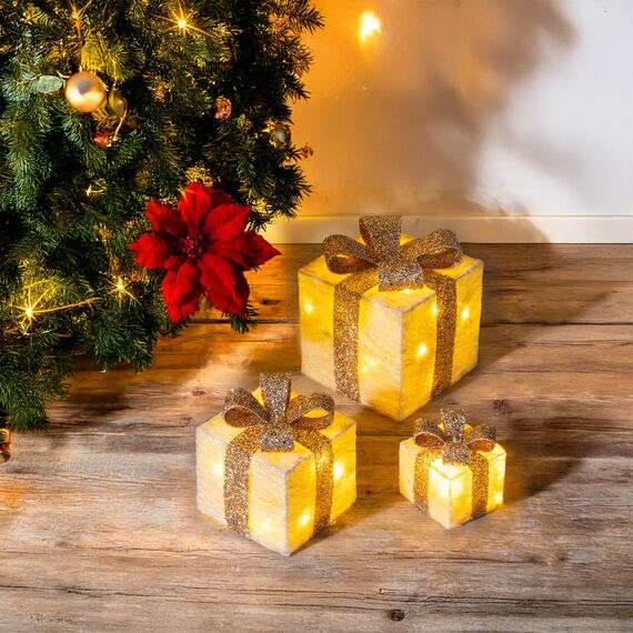 LED Geschenkboxen mit Timer 3er Set - Creme - Weihnachts Dekoboxen warm weiß beleuchtet - Weihnachten Advent Winter Christbaum Deko Beleuchtung Batterie betrieben