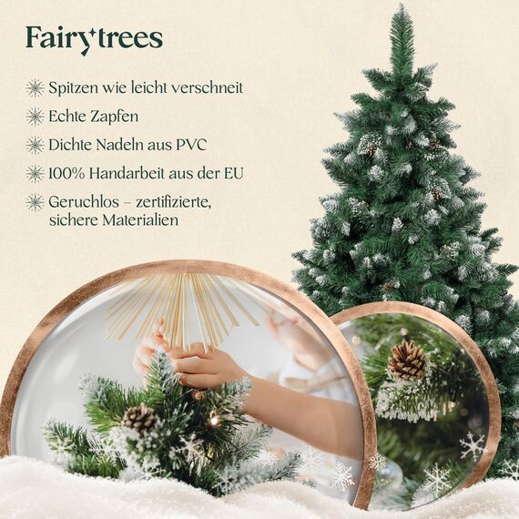 FairyTrees Weihnachtsbaum künstlich 180cm Kiefer mit Christbaum Holzständer | Tannenbaum künstlich mit Natur-Weiss beschneit | Made in EU