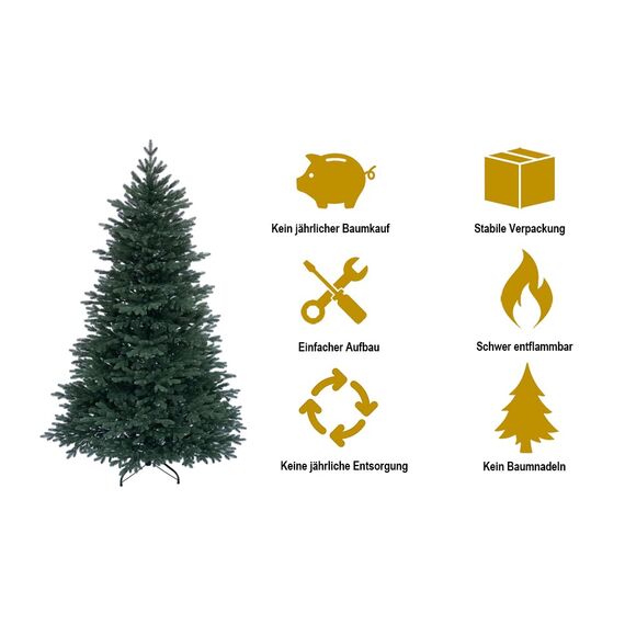 RS Trade 1418 Premium Nordmanntanne 100% Spritzguss 150 cm Weihnachtsbaum künstlich (Ø ca. 106 cm) mit ca. 2375 Spitzen, schwer entflammbar, Schnellaufbau Klappsystem, inkl. Christbaum Ständer
