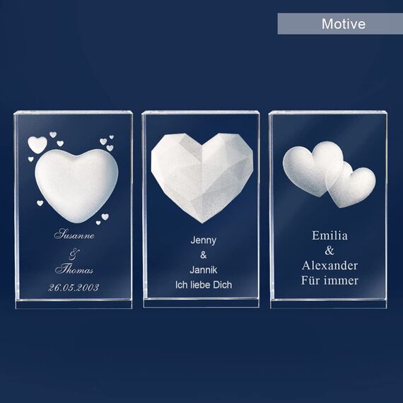 LOOXIS Personalisierte 3D Herz-Gravur im Glas – versch. Motive, Namen, Wunsch-Text – Geschenk-Idee zu Weihnachten, Valentinstag, Jahrestag – für Partner/in, Frauen, Männer – M inkl. LED Leuchtsockel