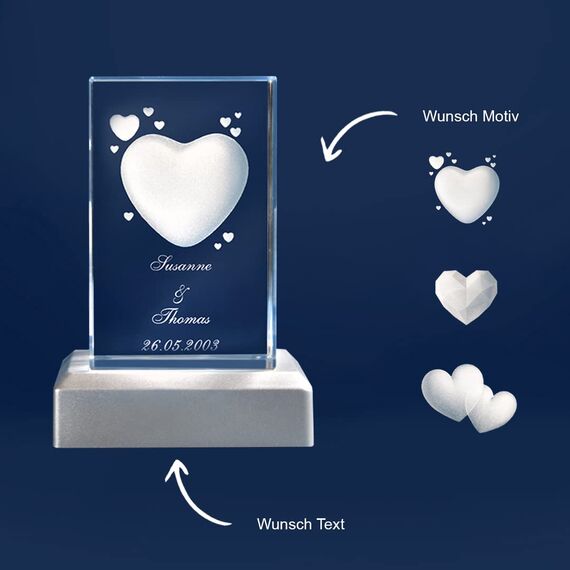 LOOXIS Personalisierte 3D Herz-Gravur im Glas – versch. Motive, Namen, Wunsch-Text – Geschenk-Idee zu Weihnachten, Valentinstag, Jahrestag – für Partner/in, Frauen, Männer – M inkl. LED Leuchtsockel