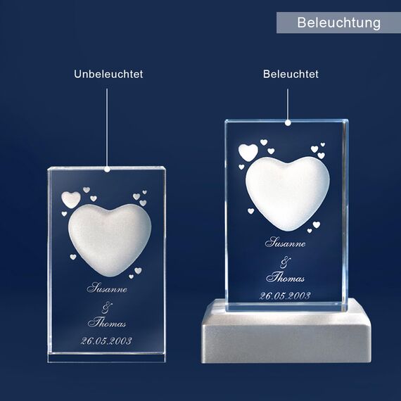 LOOXIS Personalisierte 3D Herz-Gravur im Glas – versch. Motive, Namen, Wunsch-Text – Geschenk-Idee zu Weihnachten, Valentinstag, Jahrestag – für Partner/in, Frauen, Männer – M inkl. LED Leuchtsockel