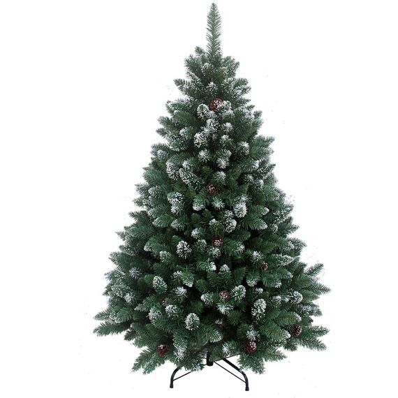 RS Trade 15013 Schneebaum 120 cm Weihnachtsbaum künstlich mit Schnee und Zapfen (Ø ca. 78 cm) ca. 500 Spitzen, schwer entflammbarer Tannenbaum mit Schnellaufbau Klappsystem, inkl. Christbaum Ständer