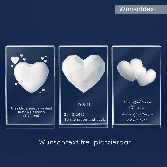LOOXIS Personalisierte 3D Herz-Gravur im Glas – versch. Motive, Namen, Wunsch-Text – Geschenk-Idee zu Weihnachten, Valentinstag, Jahrestag – für Partner/in, Frauen, Männer – M inkl. LED Leuchtsockel