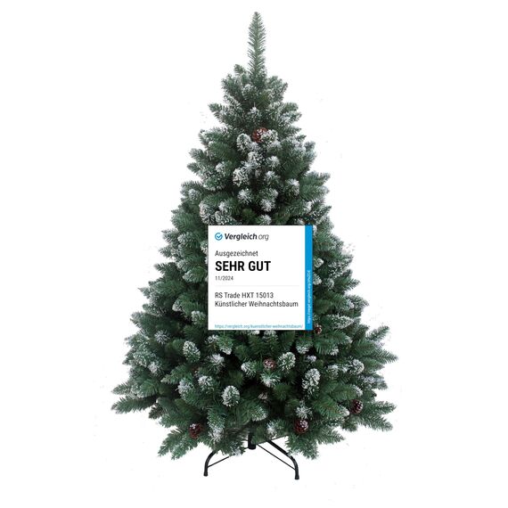 RS Trade 15013 Schneebaum 180 cm Weihnachtsbaum künstlich mit Schnee und Zapfen (Ø ca. 114 cm) ca. 1095 Spitzen, schwer entflammbarer Tannenbaum mit Schnellaufbau Klappsystem, inkl. Christbaum Ständer