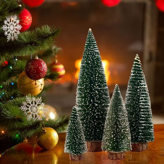 Mini Weihnachtsbaum Künstlicher, 4 Stück Mini Tannenbaum Künstlich mit Schnee-Effek, Klein Mini Christbaum 10/15/20/25 cm (Grün)