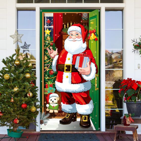 Weihnachten Tür Abdeckung Dekoration Weihnachtsmann Decke Hängen Banner Hintergrund Banner für Feiertag Weihnachten Deko (Rot)