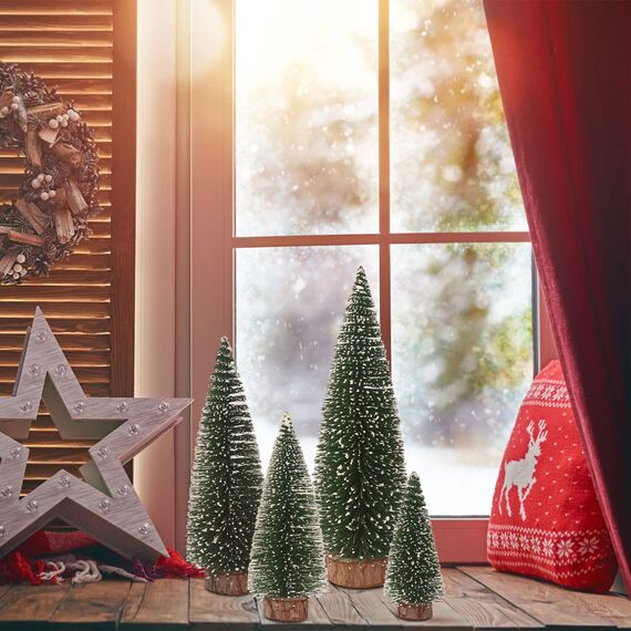 Mini Weihnachtsbaum Künstlicher, 4 Stück Mini Tannenbaum Künstlich mit Schnee-Effek, Klein Mini Christbaum 10/15/20/25 cm (Grün)