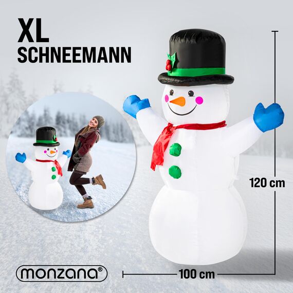 MONZANA® Aufblasbarer Schneemann XL 120cm LED Beleuchtet Befestigungsmaterial IP44 Außen Witterungsbeständig Weihnachtsdeko Weihnachtsfigur Christmas