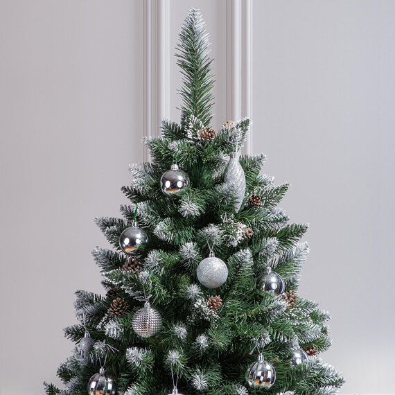 FAIRYTREES Weihnachtsbaum künstlich Kiefer, Natur-Weiss beschneit, Material PVC, echte Tannenzapfen, inkl. Holzständer, 220cm